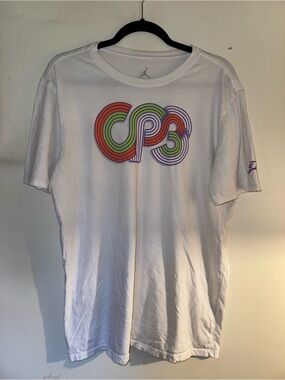 Jordan White T-Shirt with Multicolor CPS Graphic (Green, Red, Purple)